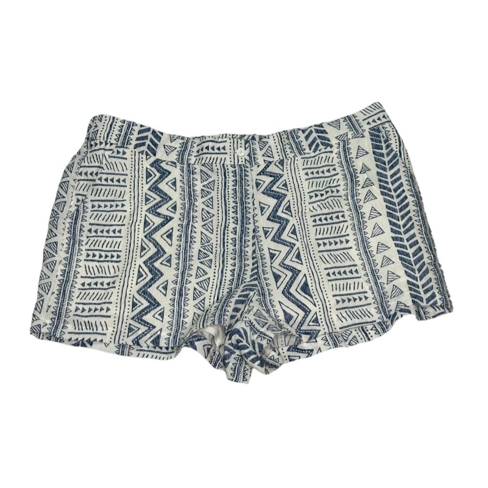 Aztec Print Womens Shorts L High Rise Pockets Elastic Waist Blue White